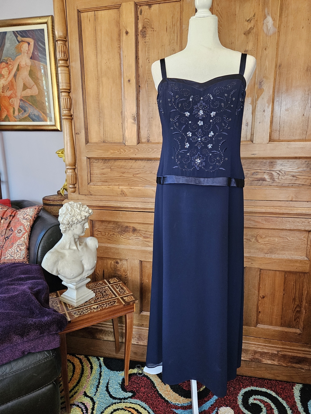 Beautiful Beaded Navy Maxi Evening Dress with Drop Waist & Sweetheart Neckline.
